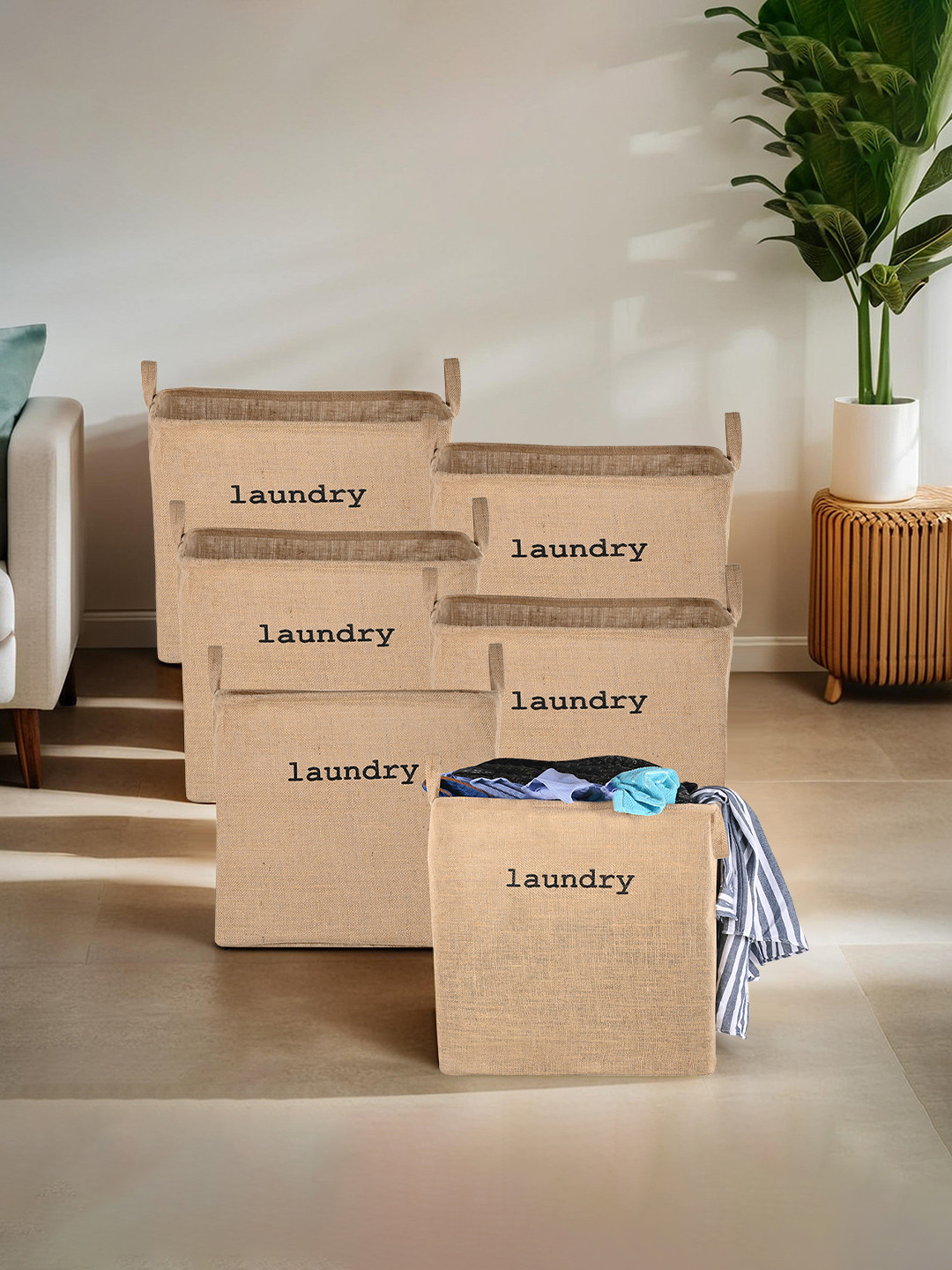 Kuber Industries Pack of 6 Brown Printed Laundry Bag With Handle- 55L