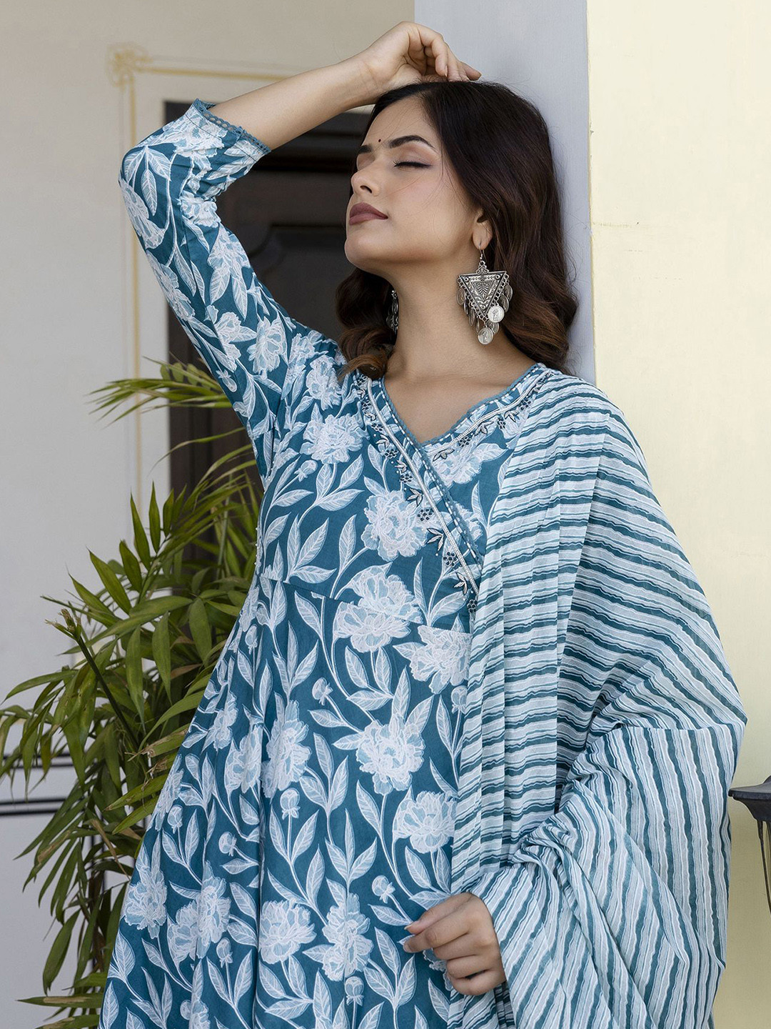 Anouk Women Floral Printed Angrakha Aari Work Pure Cotton Kurta with Trousers & With Dupatta