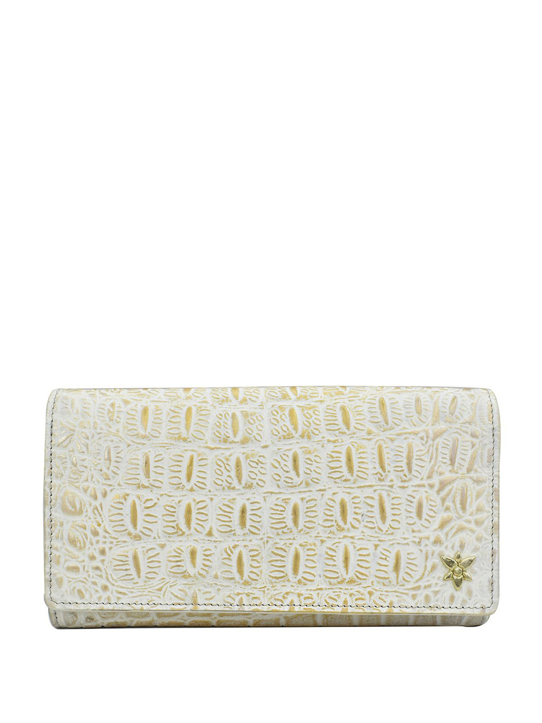 Anuschka Women Croc Embossed Cream Gold Handpainted Leather Three Fold Wallet