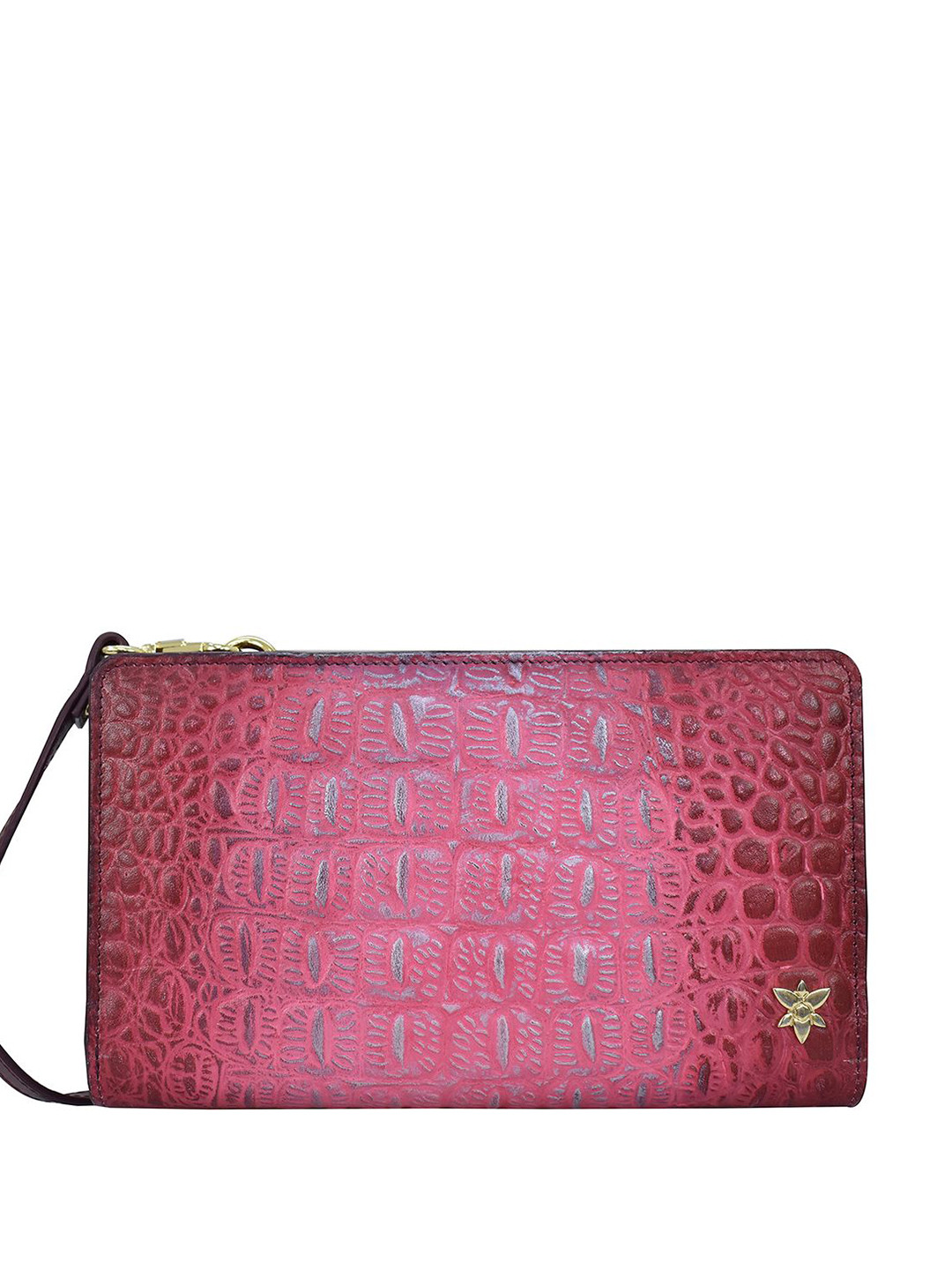 Anuschka Women Croc Embossed Berry Handpainted Leather Crossbody Wallet