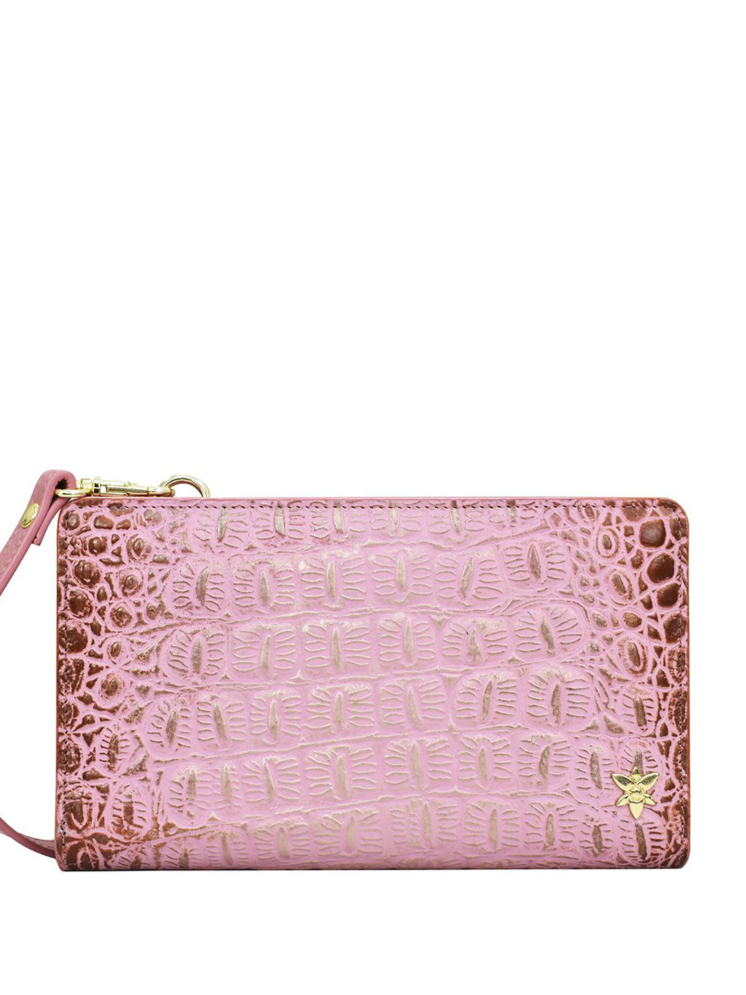 Anuschka Women Croc Embossed Blush Gold Handpainted Leather Crossbody Wallet