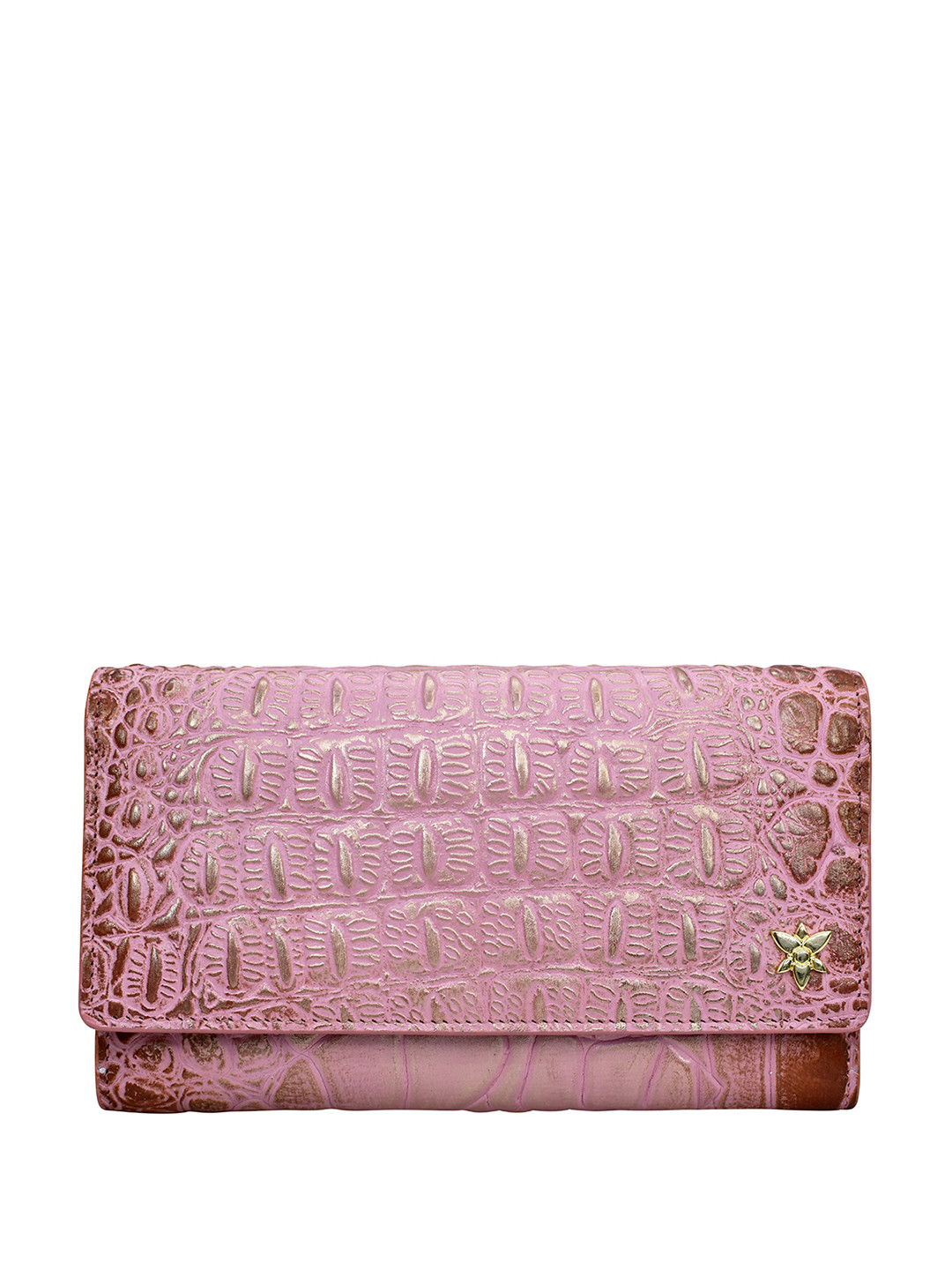 Anuschka Women Croc Embossed Blush Gold Handpainted Leather Three Fold Wallet