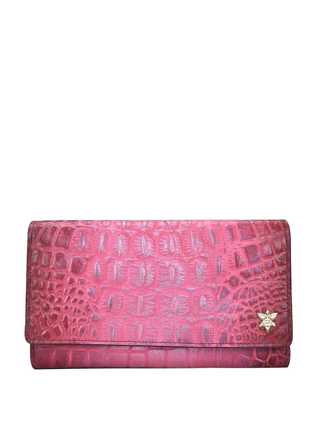 Anuschka Women Croc Embossed Berry Handpainted Leather Three Fold Wallet
