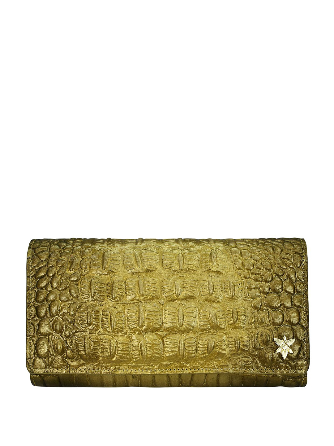 Anuschka Women Croc Embossed Desert Gold Handpainted Leather Three Fold Wallet