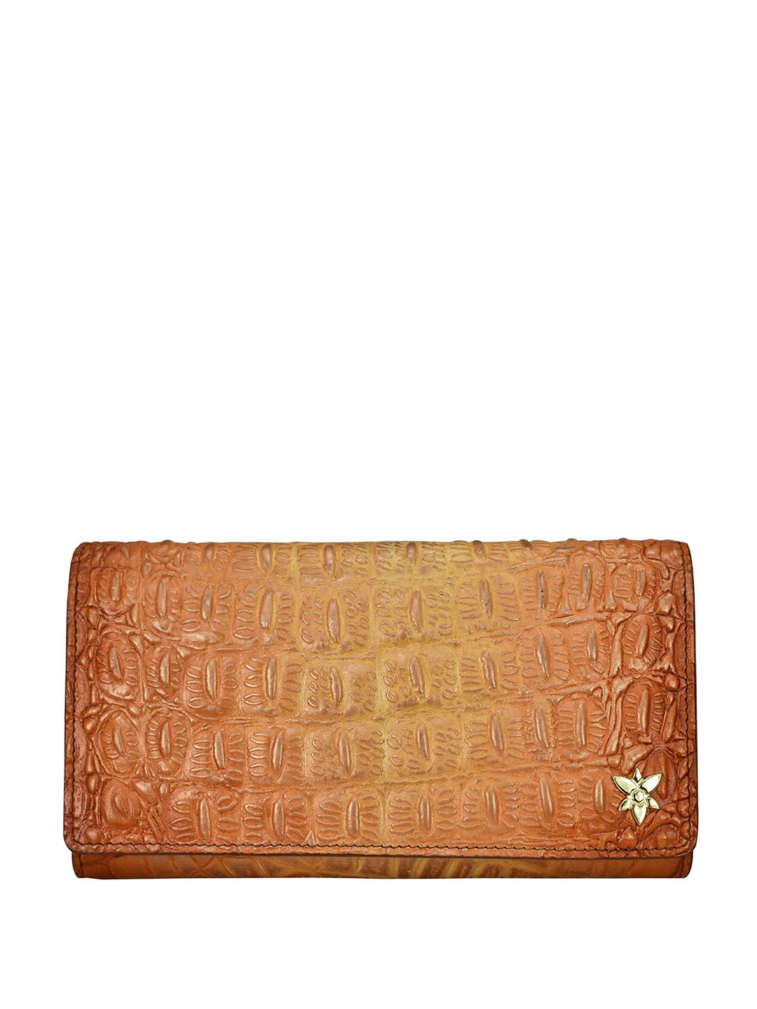 Anuschka Women Croc Embossed Caramel Handpainted Leather Three Fold Wallet