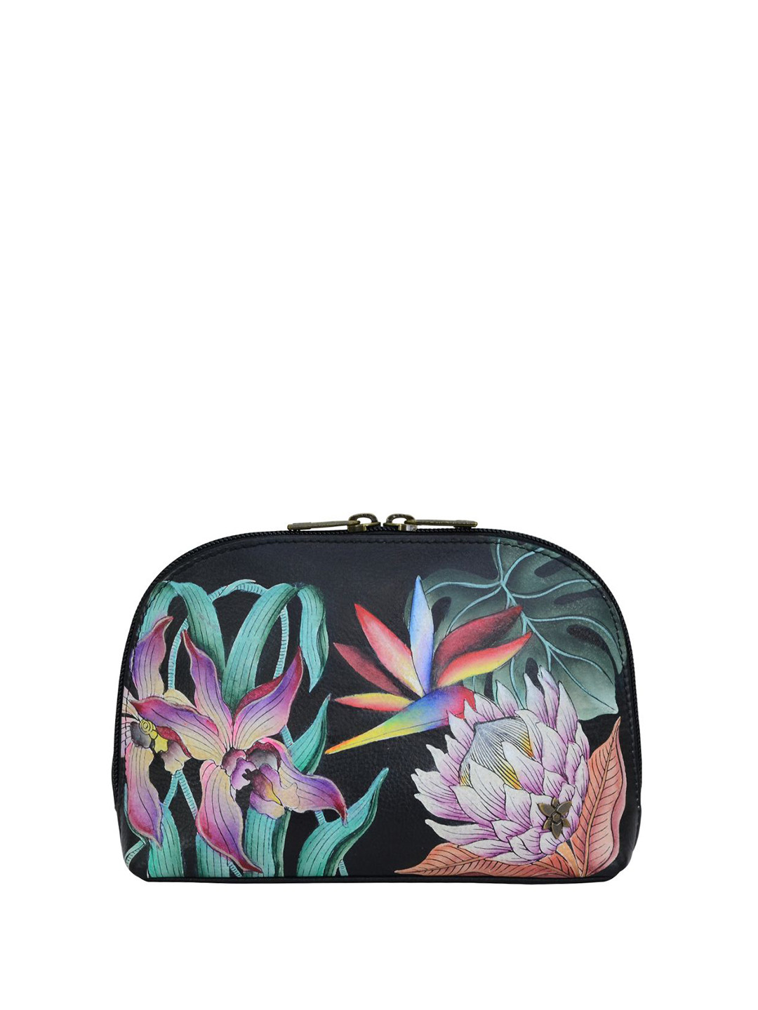 Anuschka Women Island Escape Black Handpainted Leather Large Cosmetic Pouch