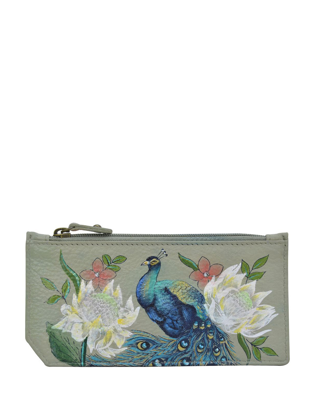 Anuschka Women Regal Peacock Hand Painted Leather Card Case with Coin Pouch
