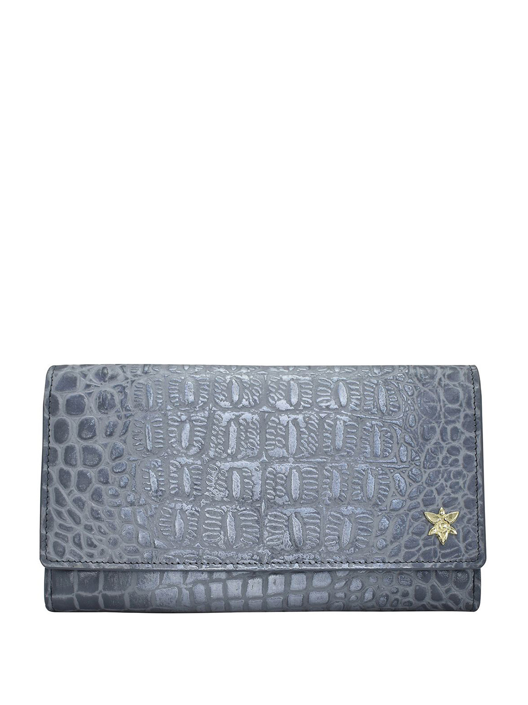Anuschka Women Croc Embossed Silver/Grey Handpainted Leather Three Fold Wallet