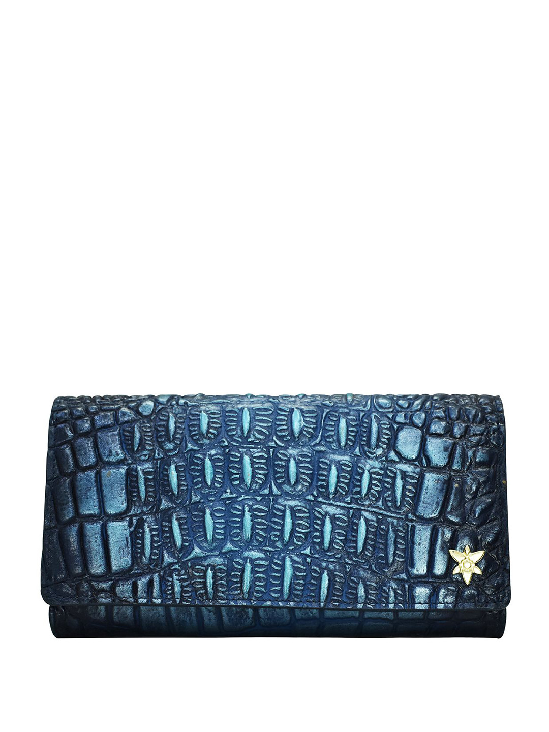 Anuschka Women Croc Embossed Sapphire Handpainted Leather Three Fold Wallet
