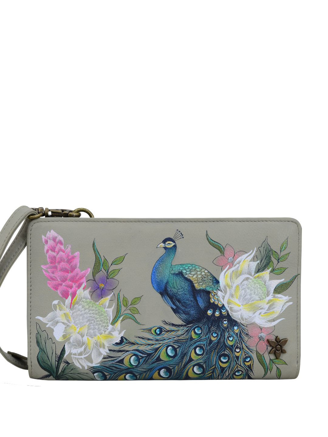 Anuschka Women Regal Peacock Handpainted Leather Crossbody Wallet