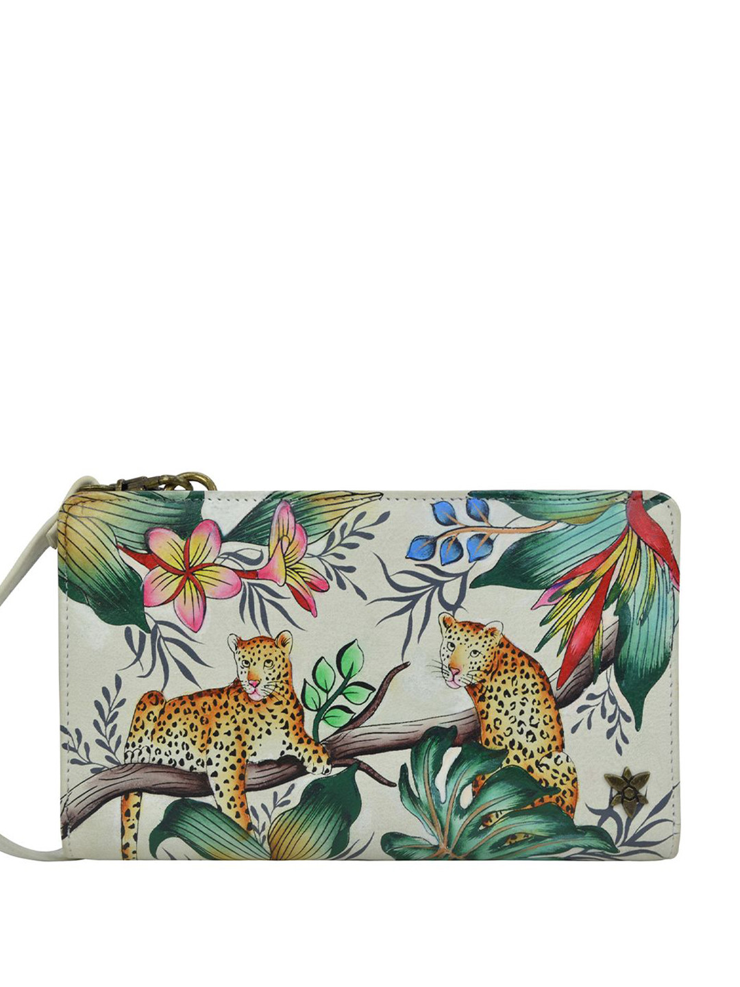 Anuschka Women Jungle Queen Ivory Handpainted Leather Crossbody Wallet