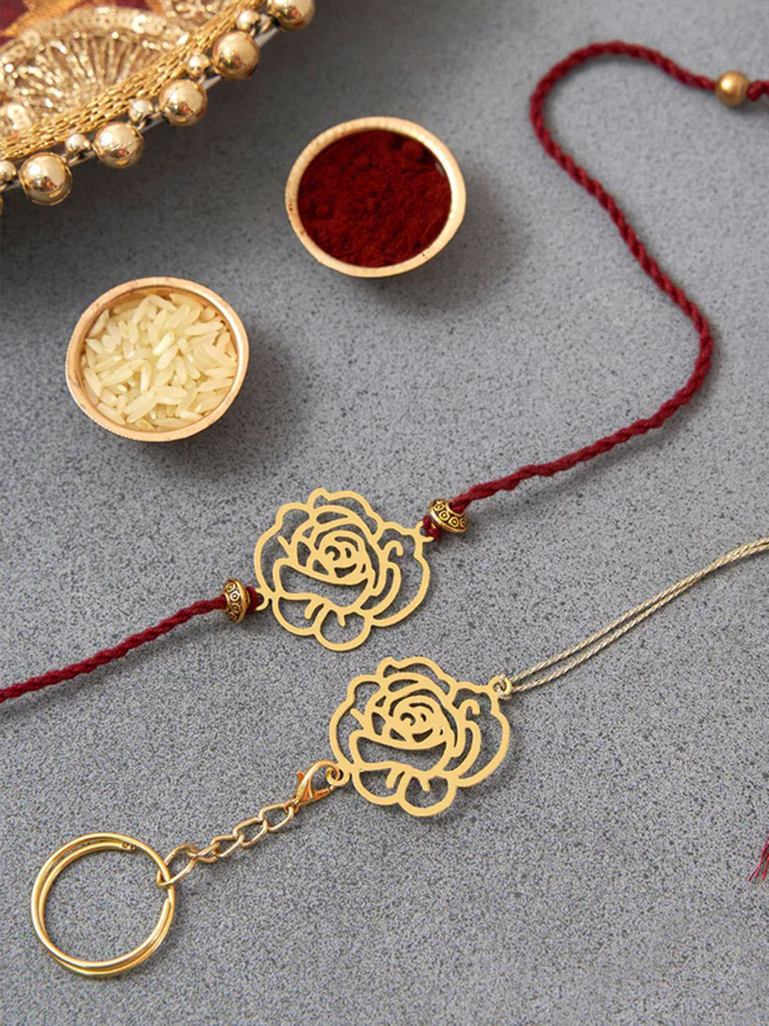 DecorTwist Brass Rose Design Rakhi with Keychain