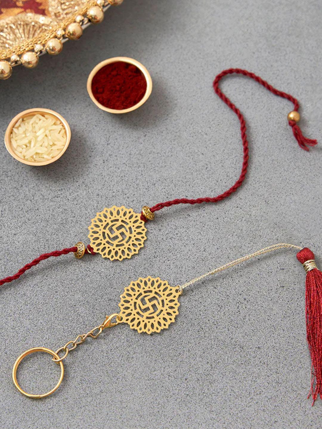 DecorTwist Brass Swastik Design Rakhi with Keychain