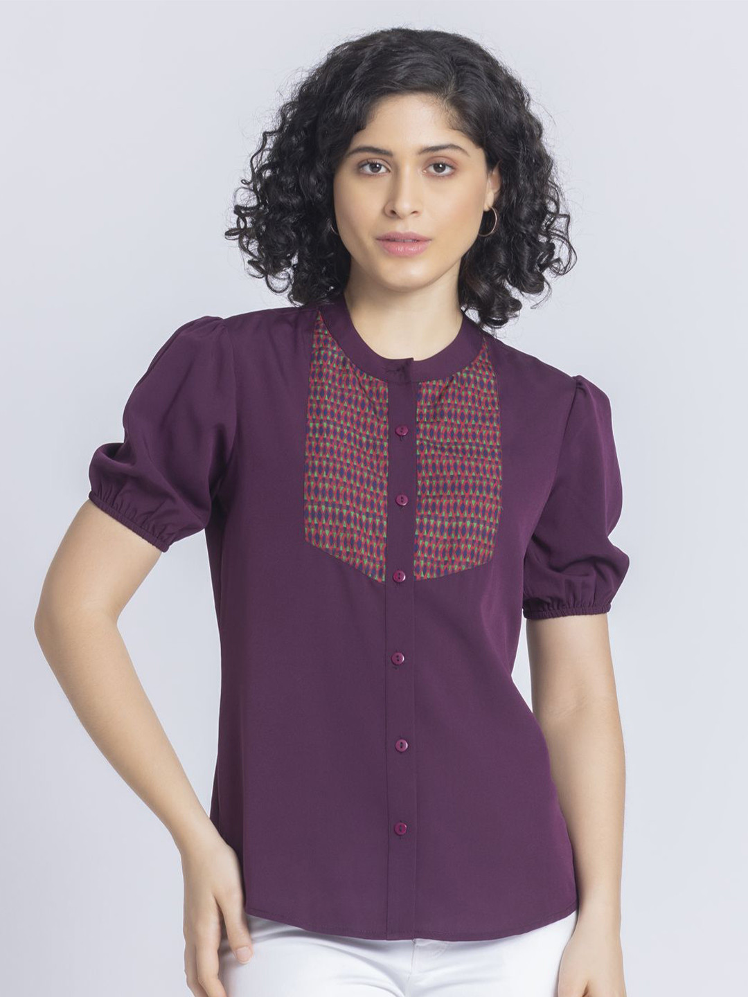 SHAYE Round Mandarin Collar Puff Sleeves Shirt Style Top