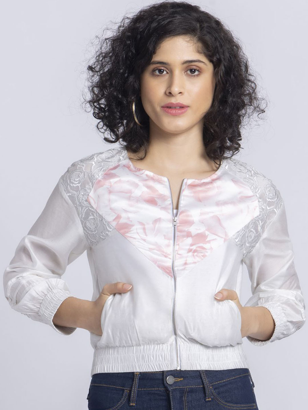SHAYE Women Floral Lightweight Crop Bomber with Embroidered Jacket