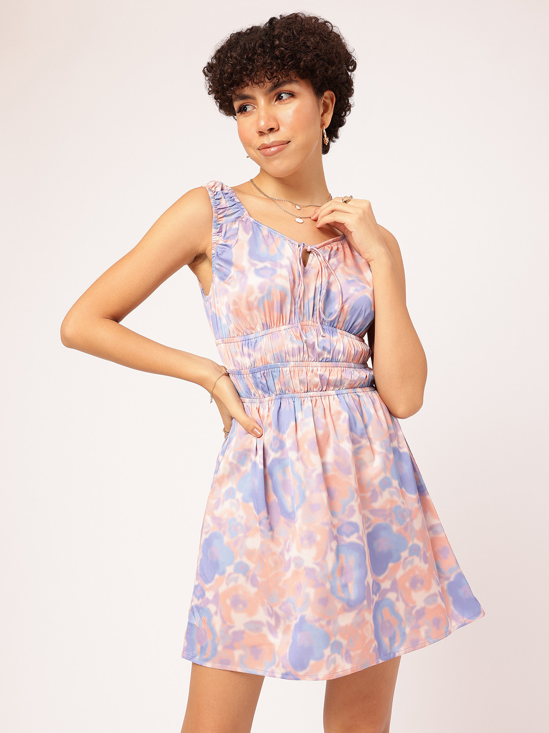 DressBerry Peach and Blue Satin Abstract Mini Dress