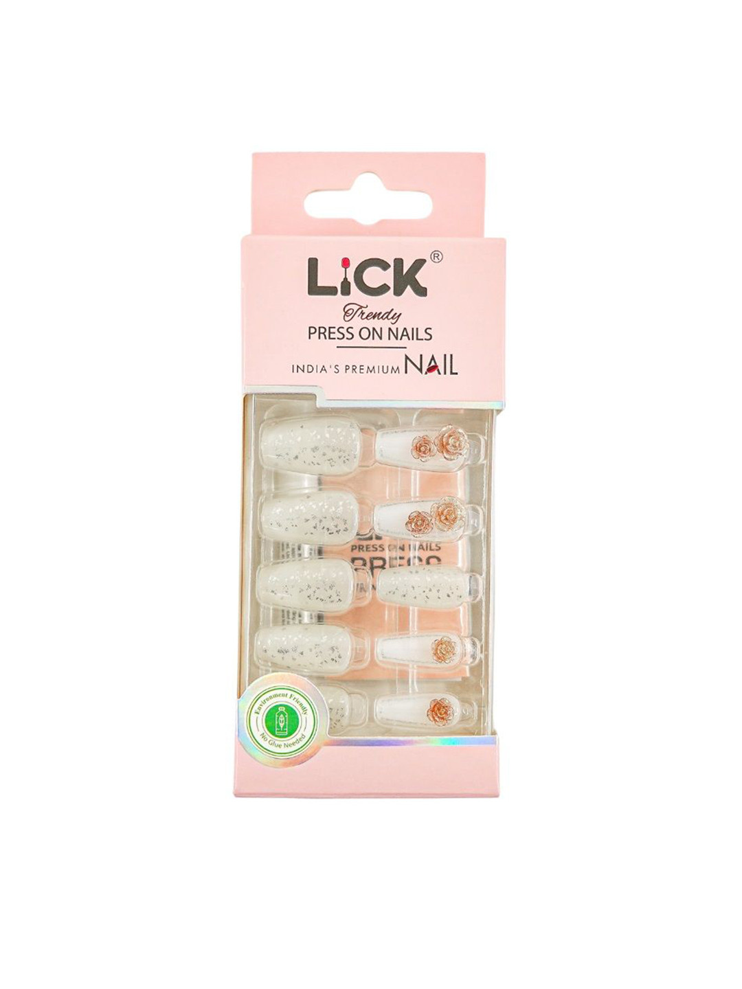 LICK Set Of 30 Glossy & Flower Press On Artificial Nails - White