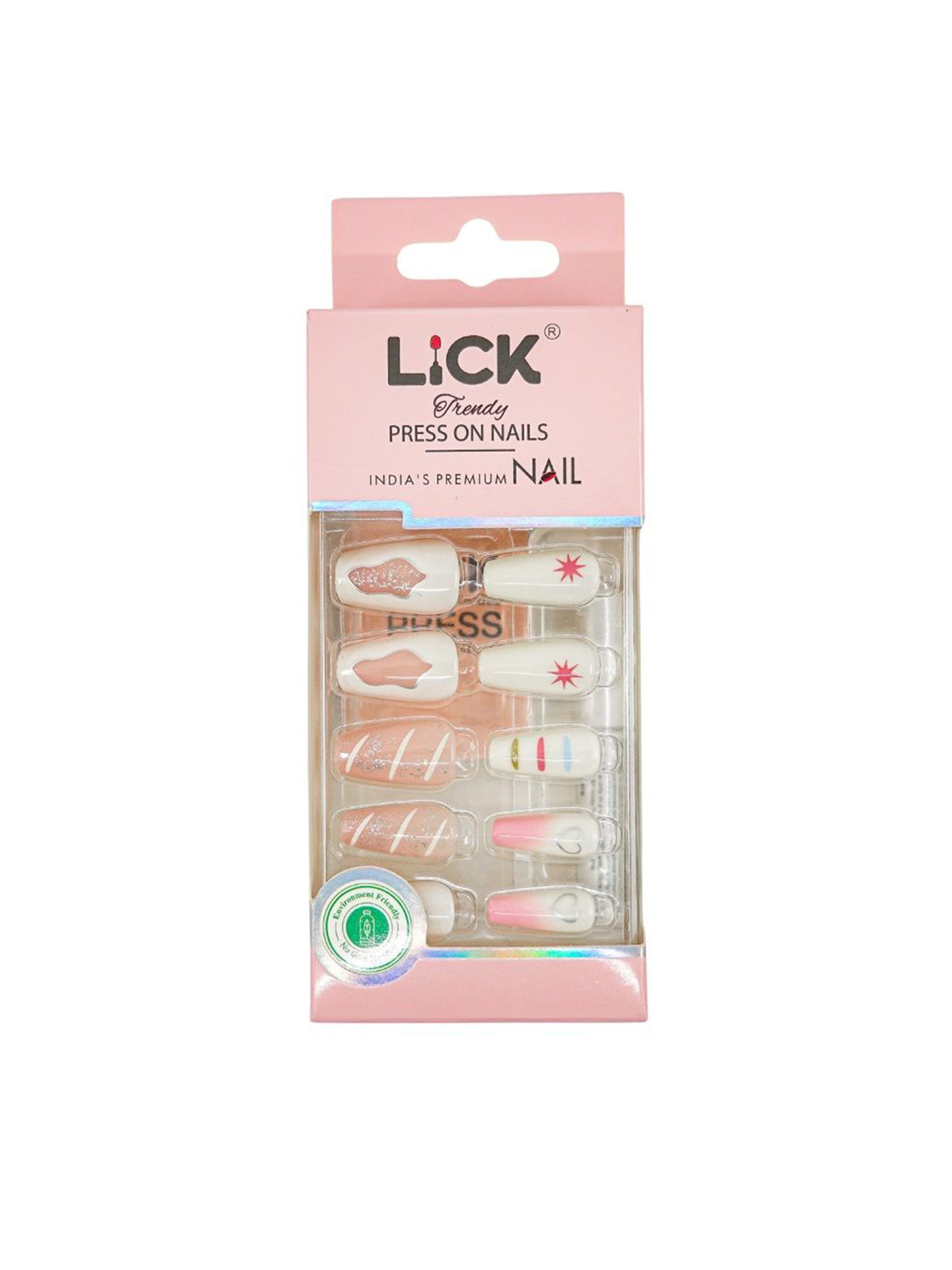 LICK Set Of 30 Glossy Printed Press On Artificial Nails - White