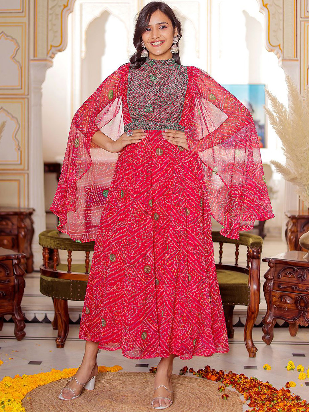 VASVI Embroidered Adda Work Printed Flared Maxi Ethnic Dress