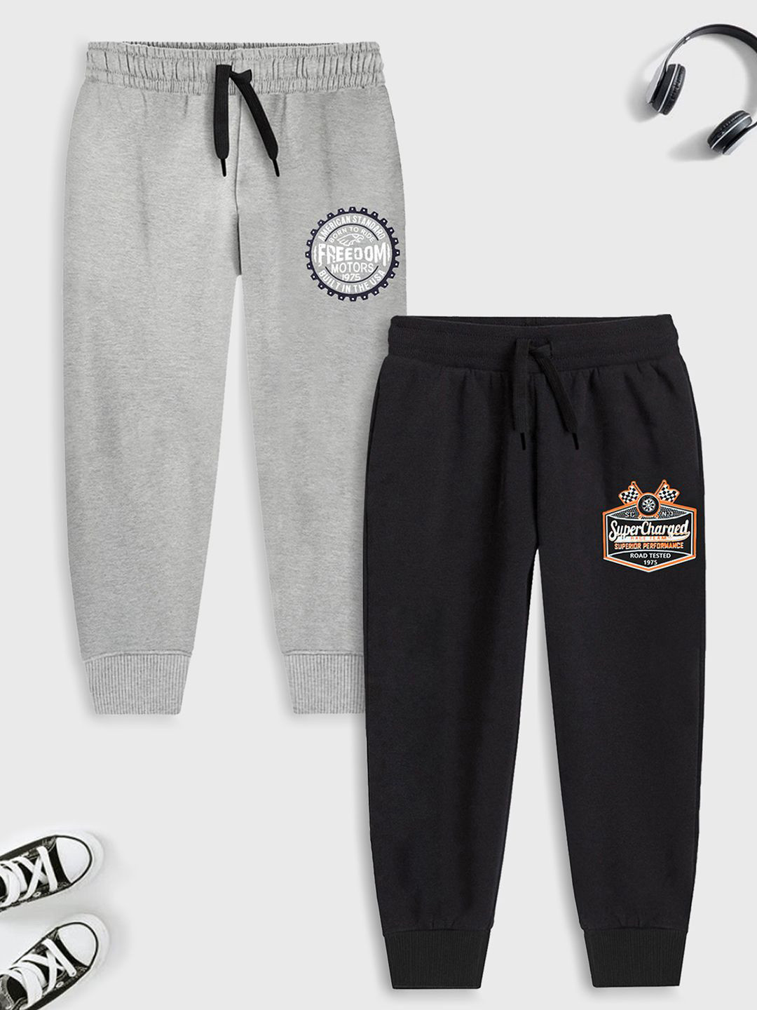 YK X Trampoline Kids Pack Of 2 Printed Cotton Mid-Rise Joggers