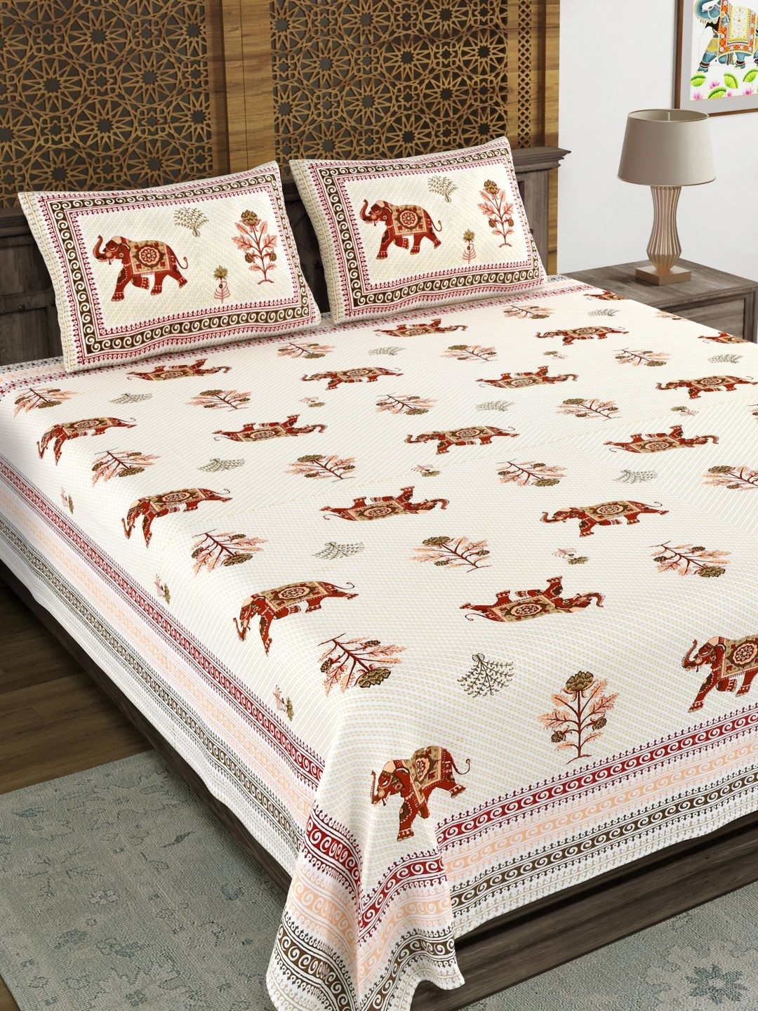 Aura Red Ethnic Motifs Polycotton 120 TC King Bedsheet with 2 Pillow Covers-86 x 104 inches