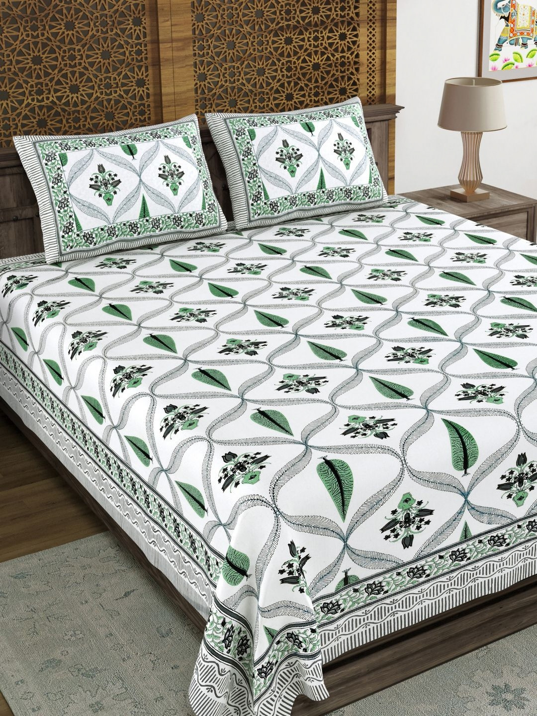 Aura Green Ethnic Motifs Polycotton 120 TC King Bedsheet with 2 Pillow Covers-86 x 104 inches