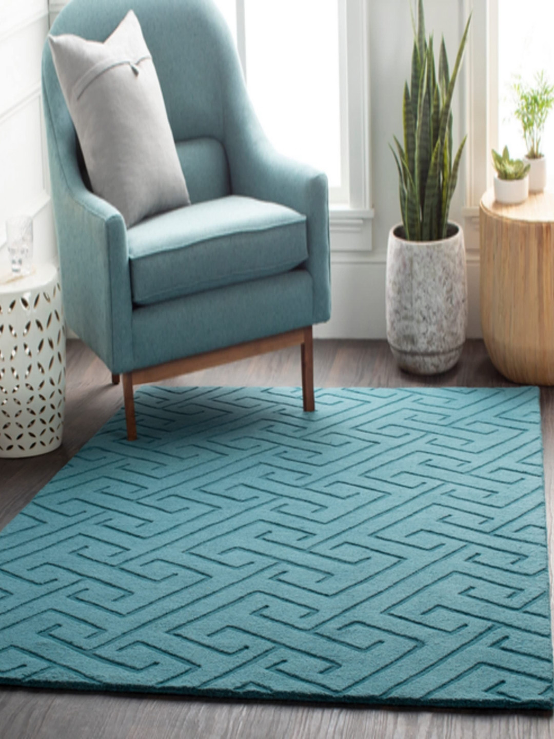 Safiya Carpet Teal Geometric Woollen Carpets