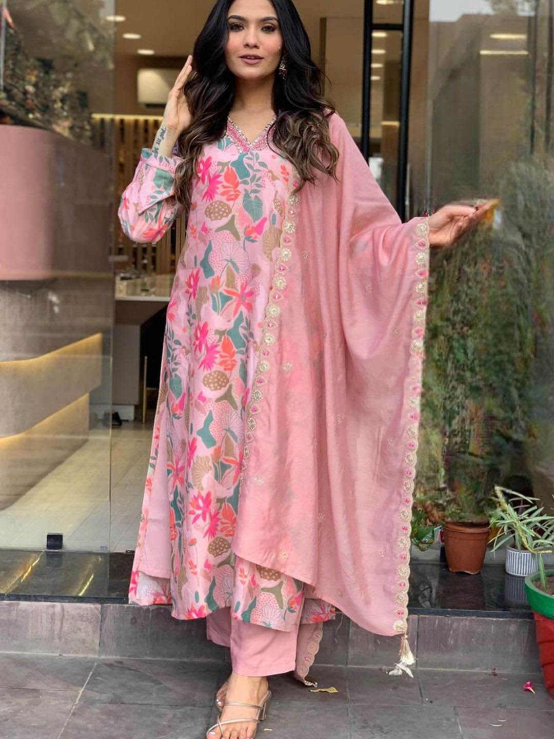 KALINI Women Floral Printed Angrakha Kurta with Trousers & With Dupatta