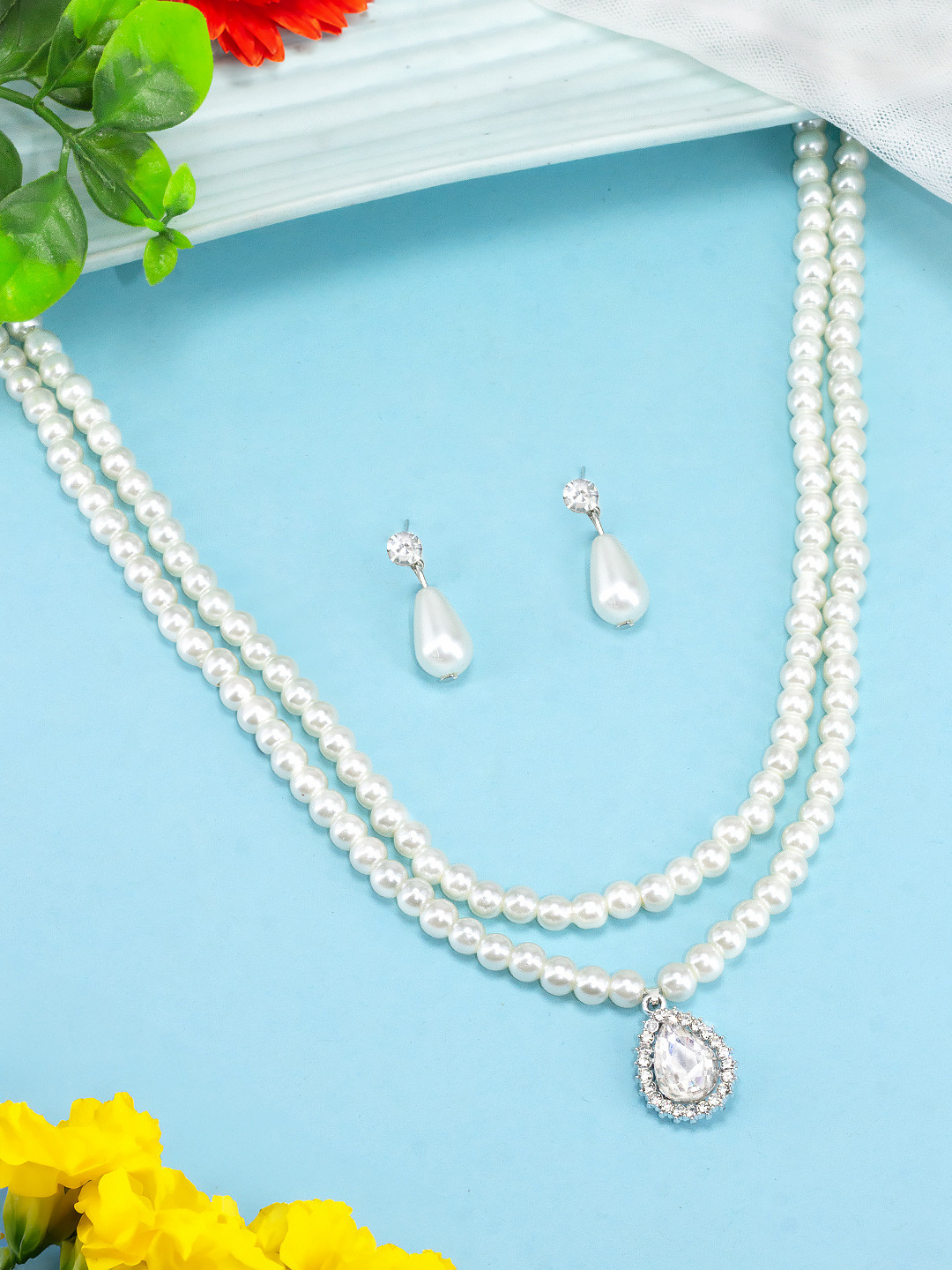 PRIVIU Pearl Beads & Stone Studded Jewellery Set