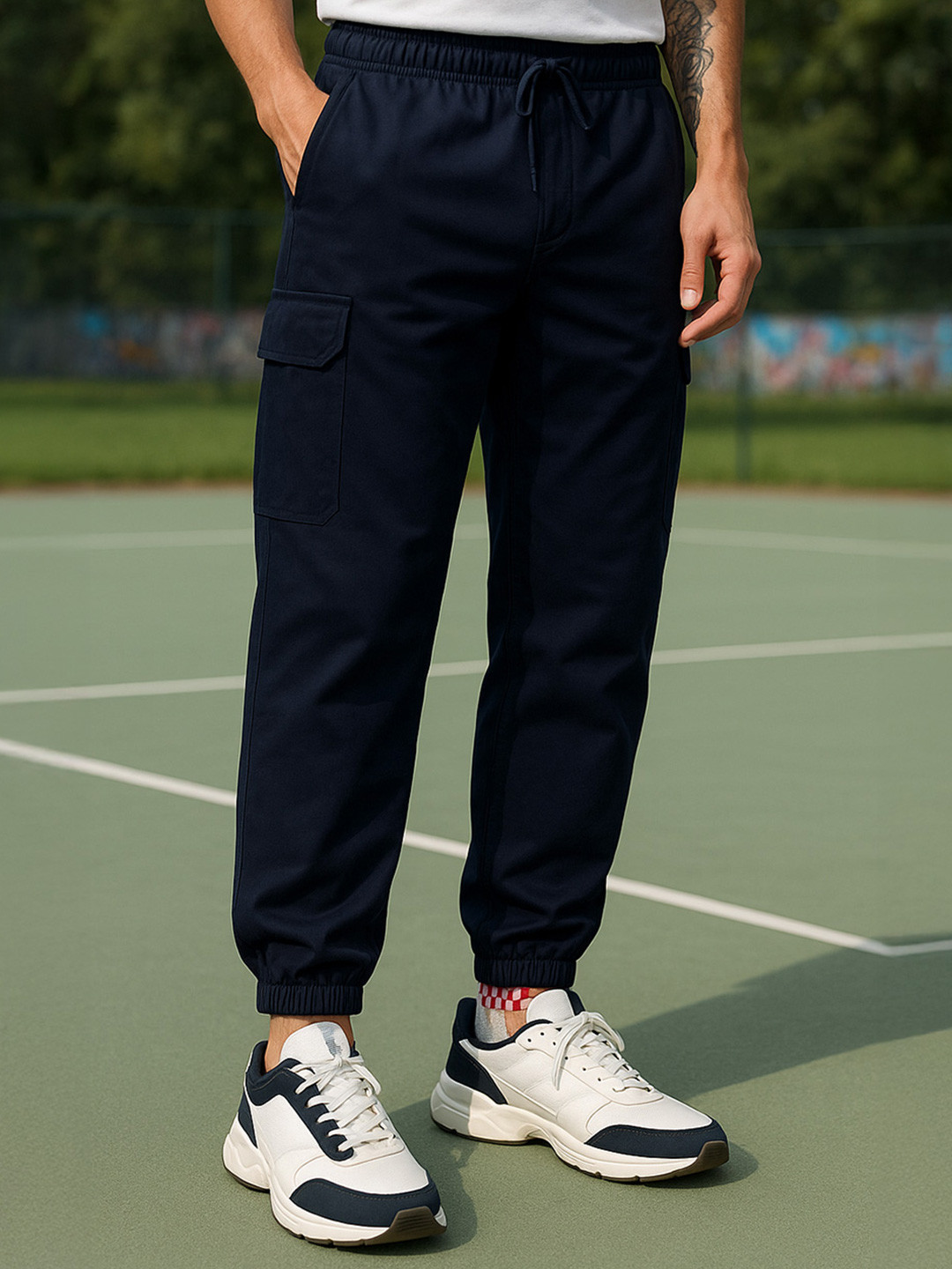VEIRDO Men Solid Navy Blue Relaxed Fit Mid-Rise Pure Cotton Track Pants