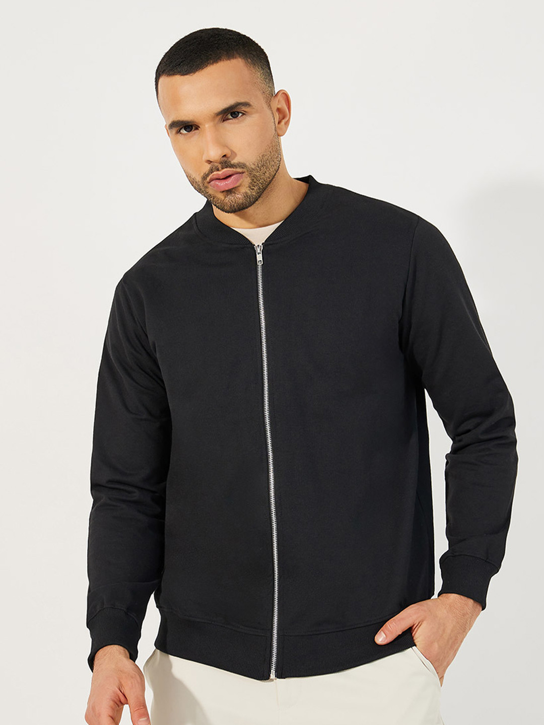 Styli Men Zip Through Stand Collar Long Sleeves Relaxed Bomber Jacket