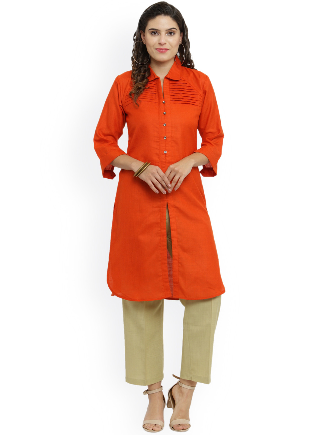 Indibelle Women Orange Solid Pathani Kurta