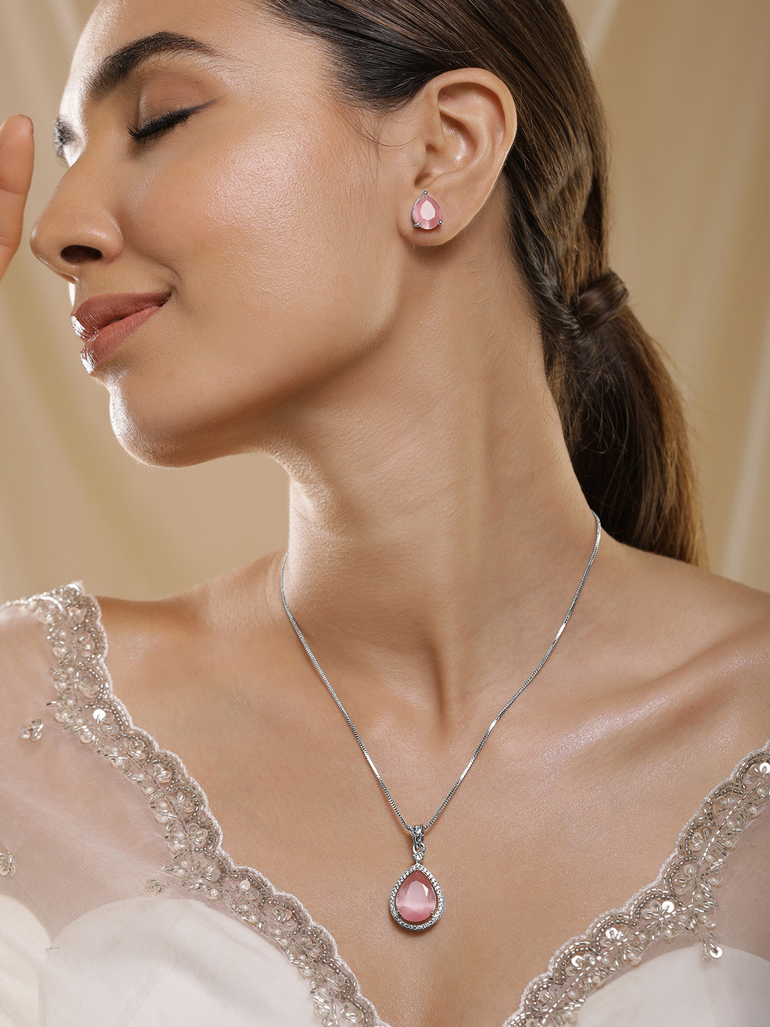 Rubans Rhodium Plated Pastel Pink Stone & CZ Accents Necklace Set