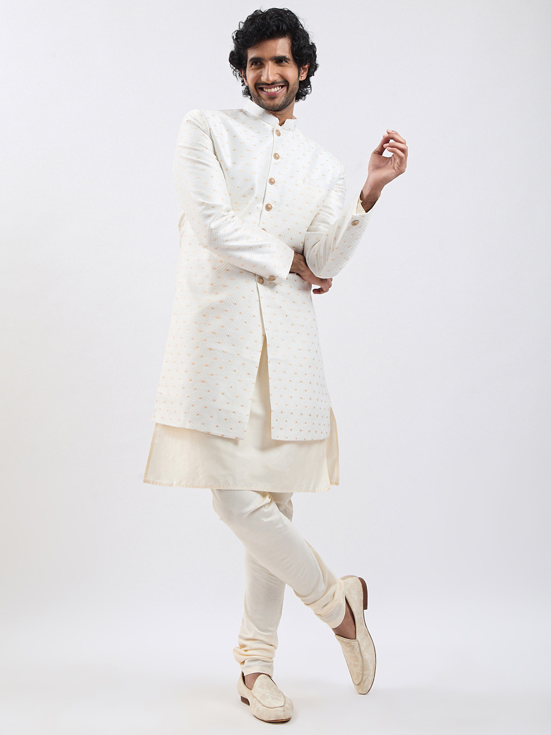 VASTRAMAY Silk Self-Design Sherwani Set