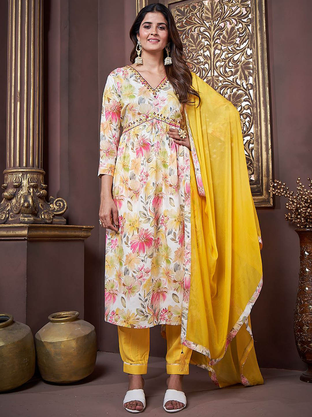 S.K.C Women Ethnic Motifs Printed Empire Beads and Stones Kurta with Trousers & With Dupatta