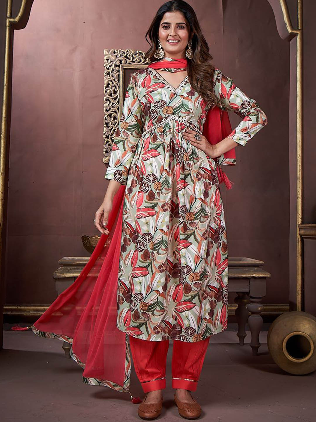 S.K.C Women Ethnic Motifs Printed Empire Beads and Stones Kurti with Salwar & With Dupatta