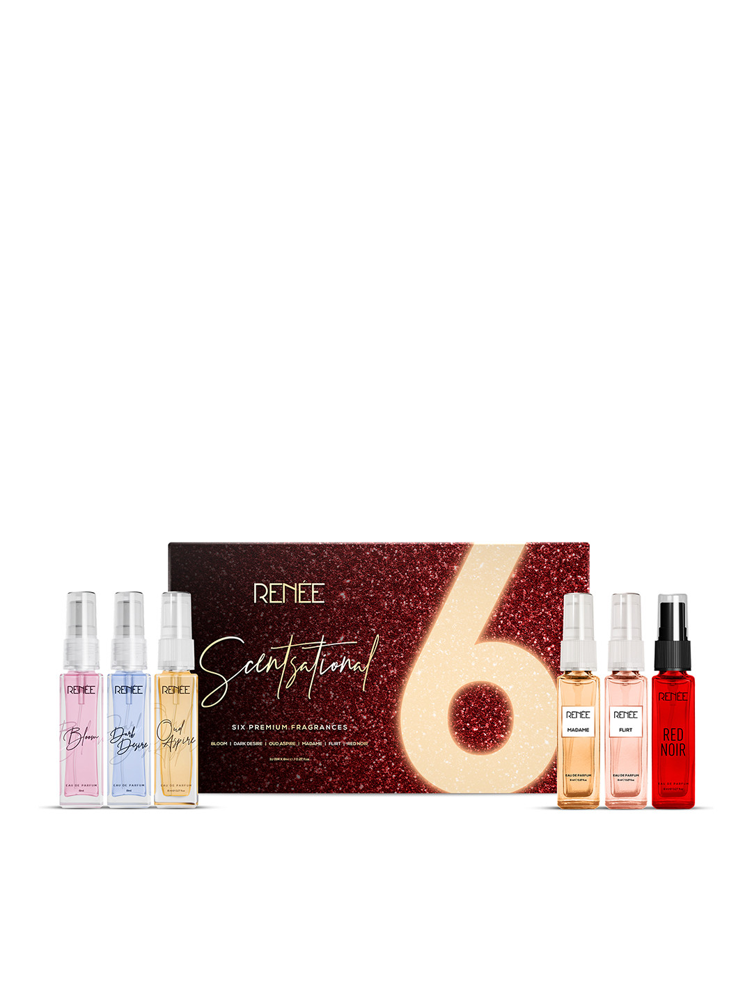 Renee Set Of 6 Bloom, Dark Desire, Oud Aspire Madame, Flirt & Red Noir EDP - 8ml Each