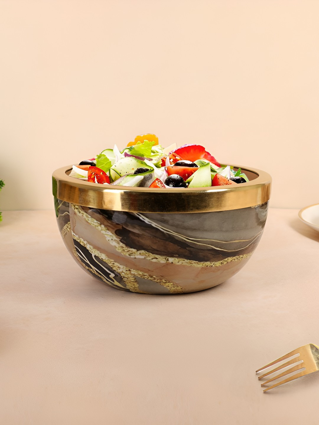 THE HOME CO. Brown Marble Textured Wooden Serving Bowl