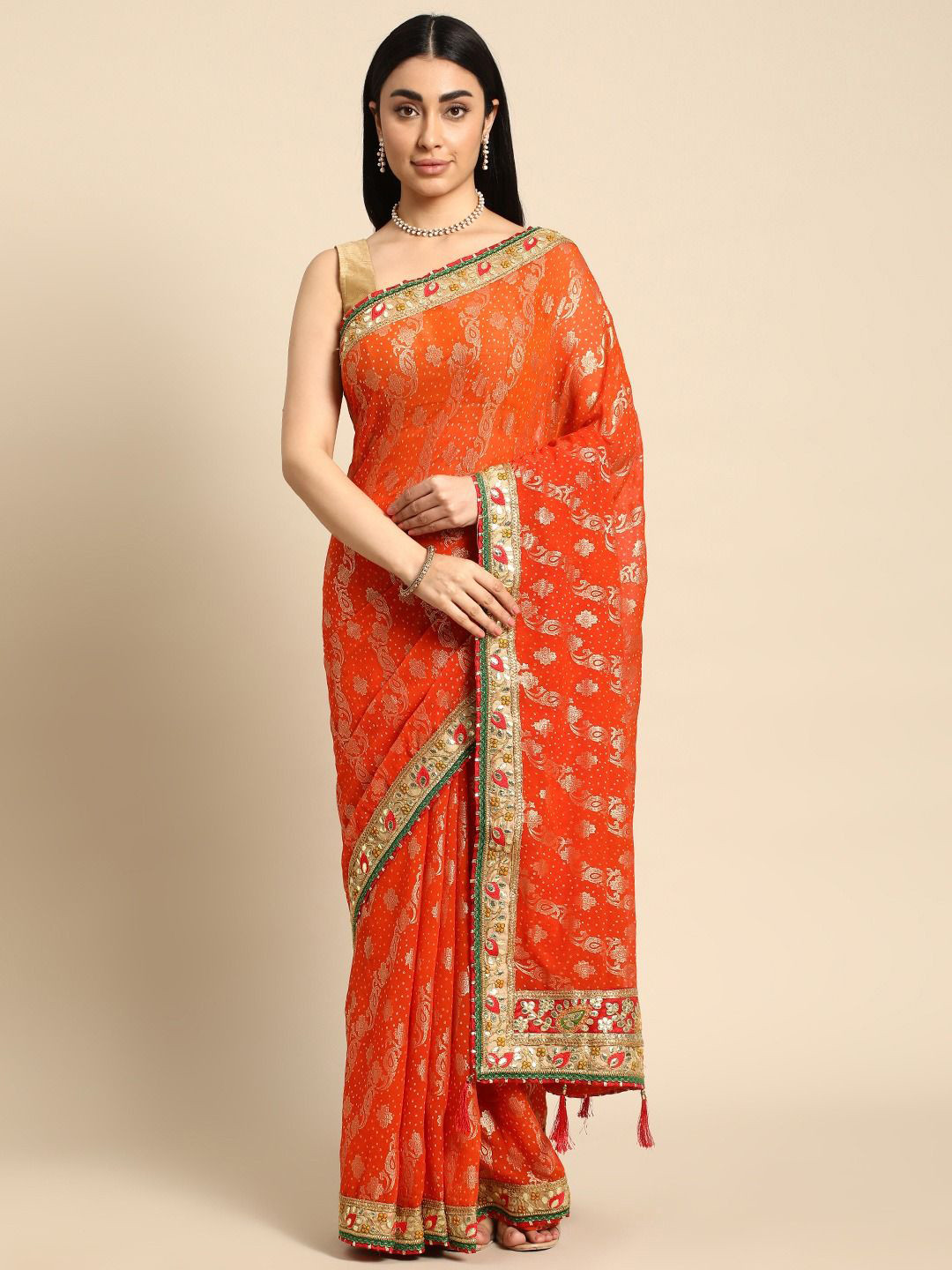 Panzora Bandhani Gotta Patti Poly Georgette Bandhani Saree