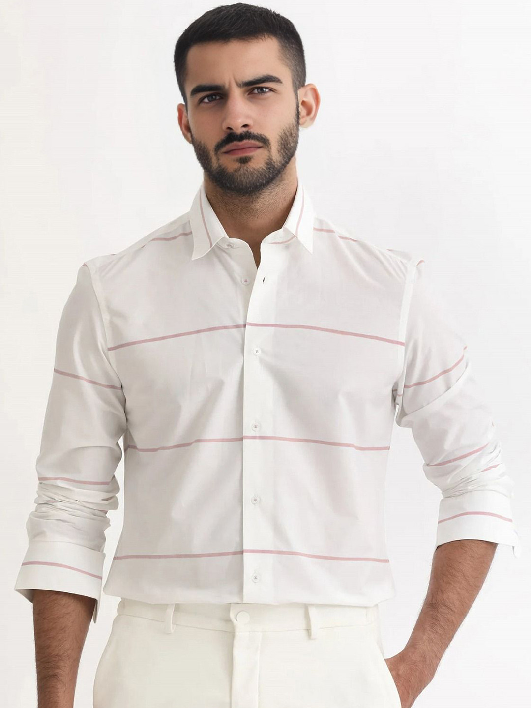 MISCHIEF MONKEY Men Classic Tailored Fit Horizontal Stripes Opaque Striped Casual Shirt