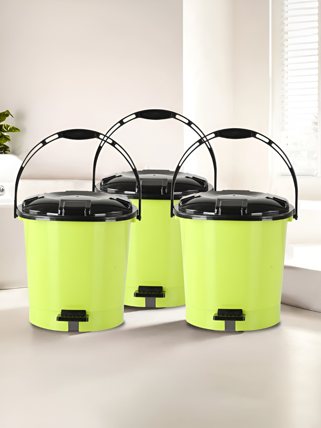 Kuber Industries 3-Pcs Green & Black Plastic Pedal Dustbins 7L Each