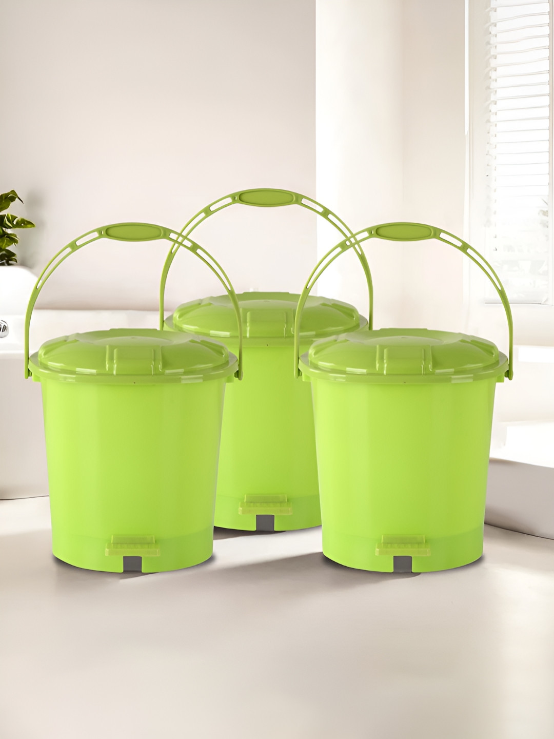 Kuber Industries 3-Pcs Green Plastic Pedal Dustbins 7L Each