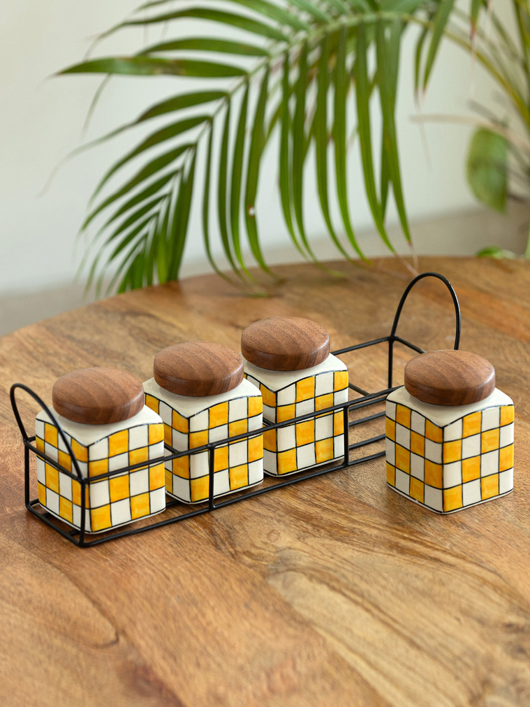 ExclusiveLane Yellow & Off-White Printed Set Of 4 Ceramic Jars With Holder