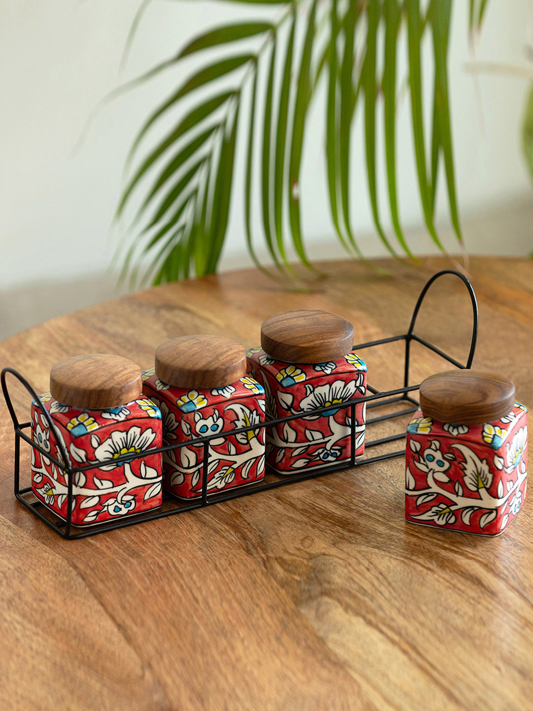 ExclusiveLane Red & Black Printed Set Of 4 Ceramic Jars With Holder