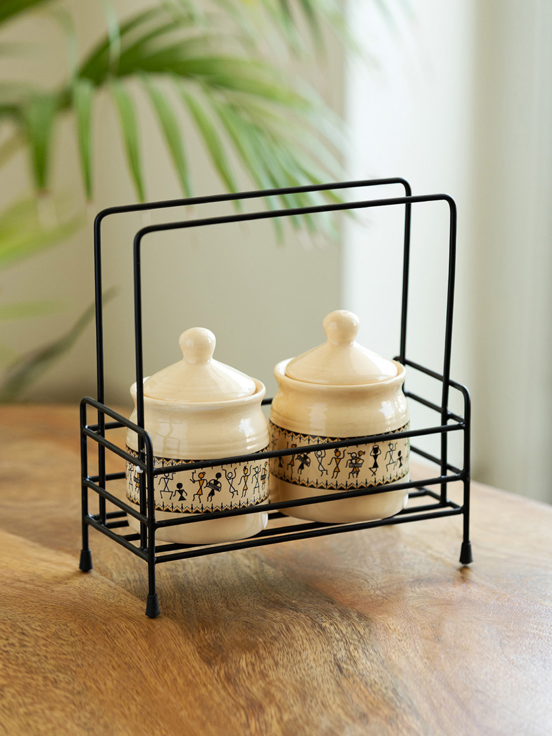 ExclusiveLane Off-White & Black Printed Set Of 2 Ceramic Jars With Caddy