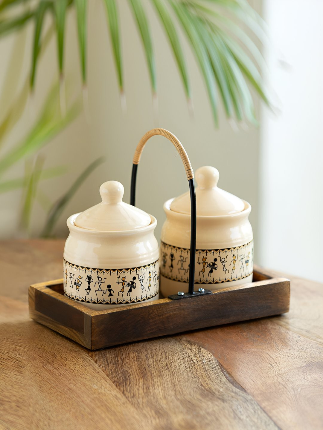 ExclusiveLane 2-Pcs Cream-Colored Ceramic Container with Wooden Tray