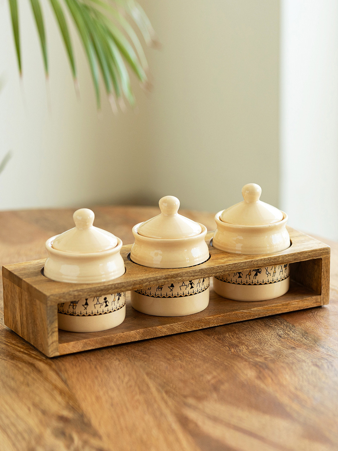 Exclusivelane Art of Warli Cream Conversational Ceramic Dishwasher Safe 4 Piece Clip-On Canister-280ml