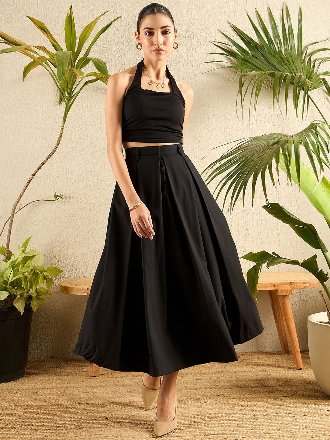 Uptownie Cotton Poplin Box Pleated Midi Skirt