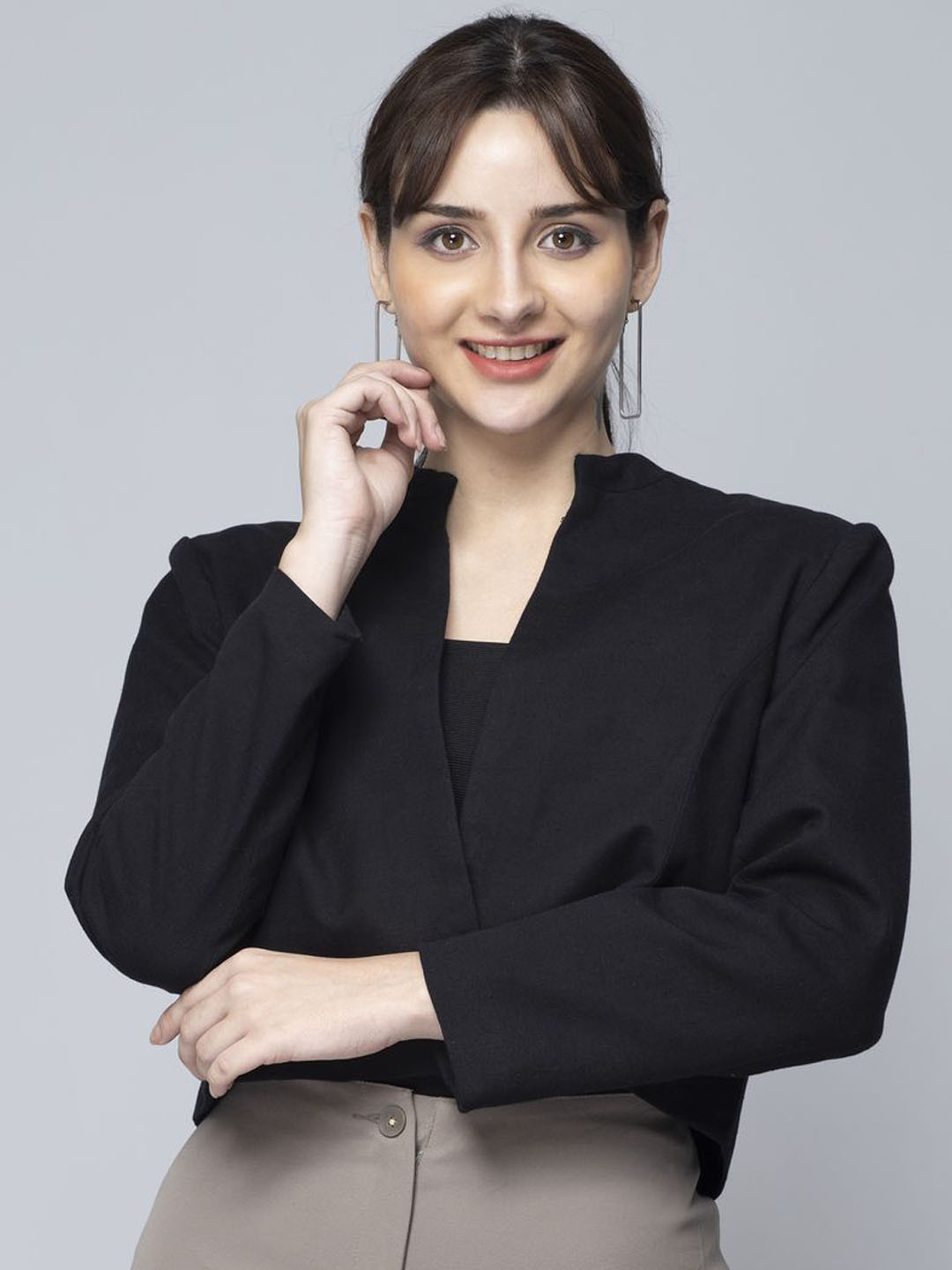 Indyvarna Mandarin Collar Cotton Single Breasted Formal Crop Blazer