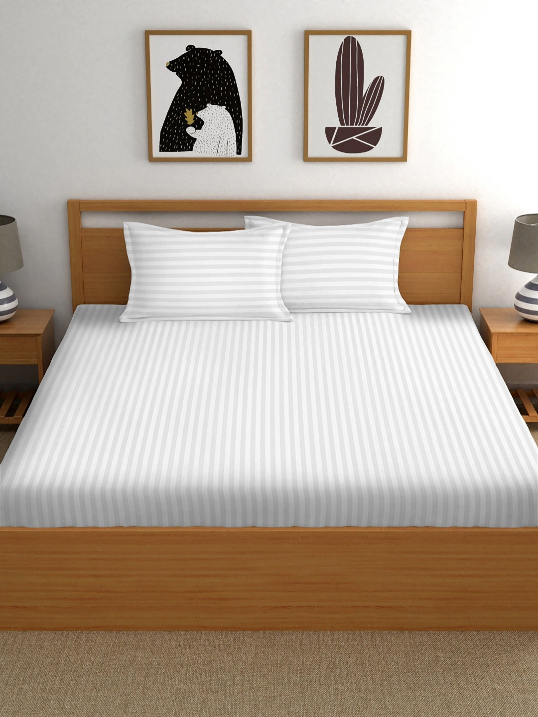 RIDHAAN White Striped Cotton Breathable 220 TC Fitted Queen Fine Bedsheet with 2 Pillow Covers-72 x 76 inches